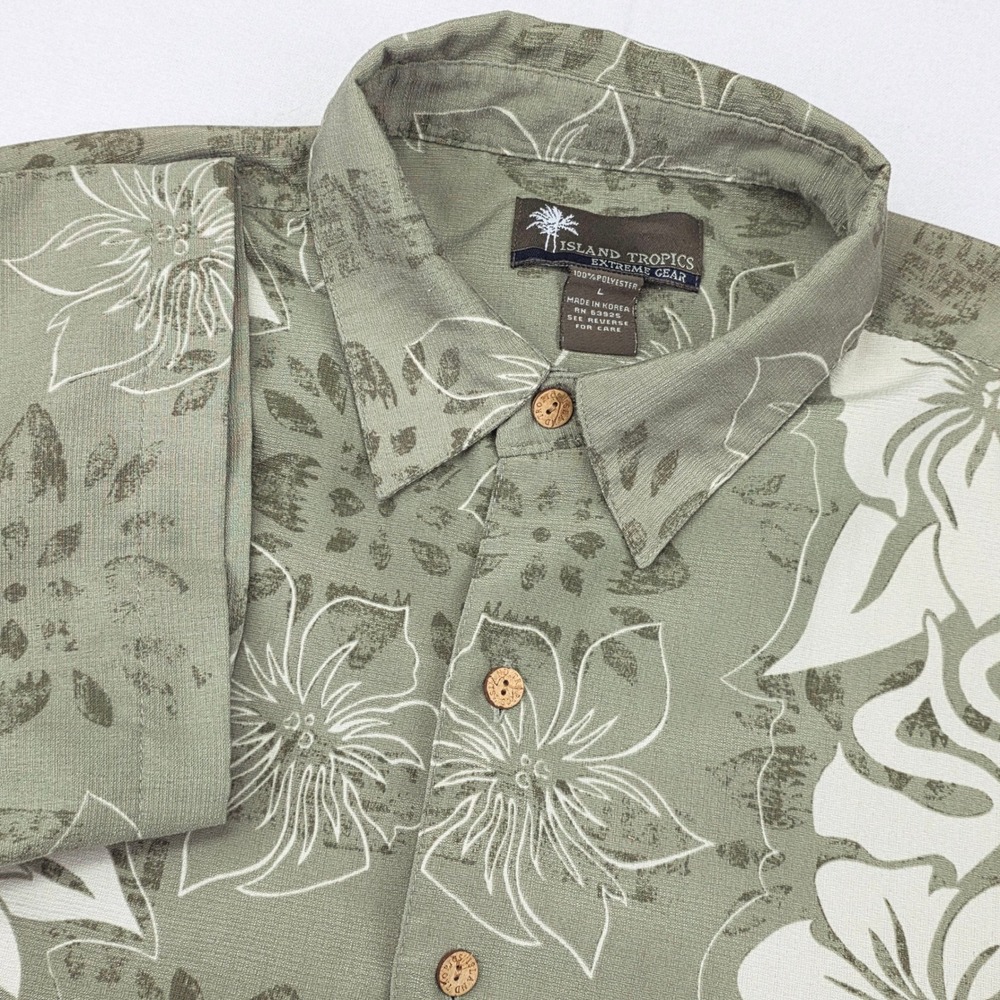 Island Tropics Shirt Men L Green Floral Hawaiian Short Sleeve‎ Button Down